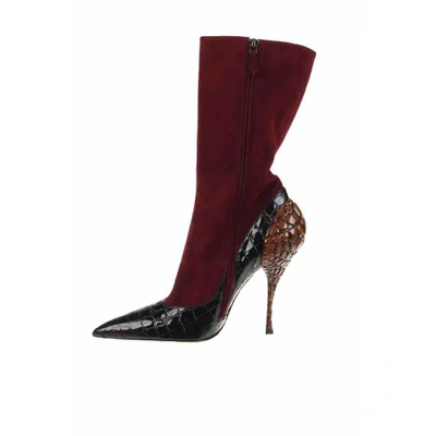 Pre-owned Miu Miu Leather Ankle Boots In Burgundy