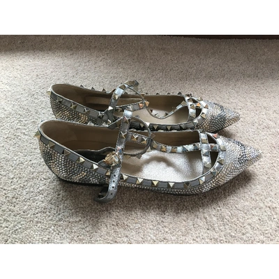 Pre-owned Valentino Garavani Rockstud Glitter Ballet Flats In Khaki