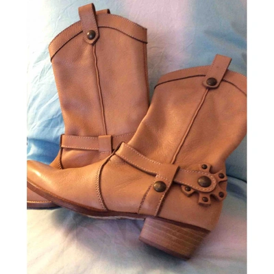 Pre-owned Moschino Leather Cowboy Boots In Camel
