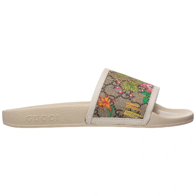 Shop Gucci Flora Slippers In Beige