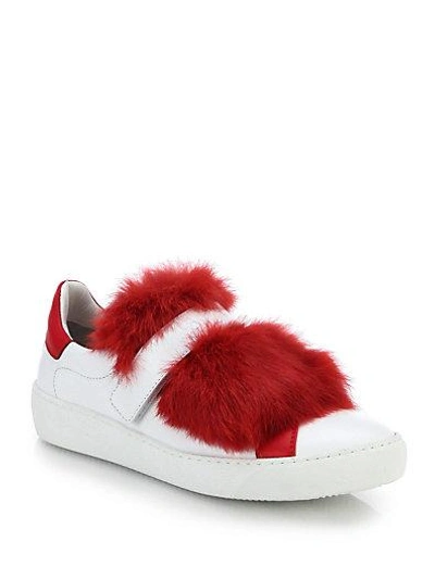 Shop Moncler Lucie Leather & Rabbit Fur Sneakers In Red