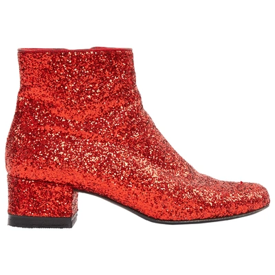 Pre-owned Saint Laurent Glitter Ankle Boots In Red
