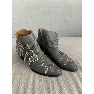 Pre-owned Chloé Susanna Leather Cowboy Boots In Grey