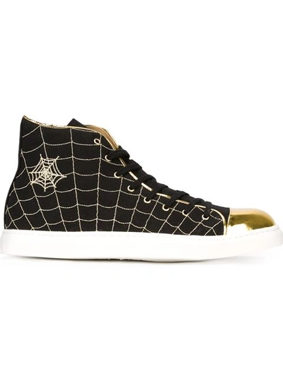 Charlotte Olympia Metallic Web-embroidered Leather & Canvas Trainers In Black - Gold