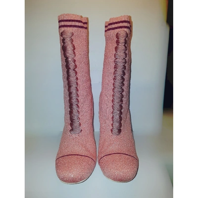 Pre-owned Fendi Cloth Ankle Boots In Pink