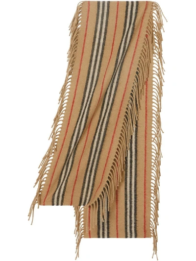 Shop Burberry Fringed Icon Stripe Scarf In Neutrals