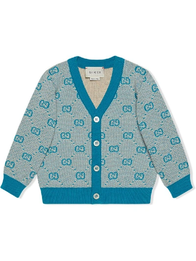 Shop Gucci Monogram Print Cardigan In Blue ,grey