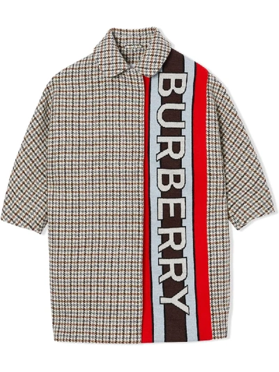 Shop Burberry Logo Panel Houndstooth Check Coat In Brown