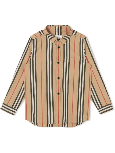 Shop Burberry Icon Stripe Poplin Shirt In Neutrals