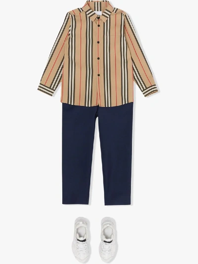 Shop Burberry Icon Stripe Poplin Shirt In Neutrals