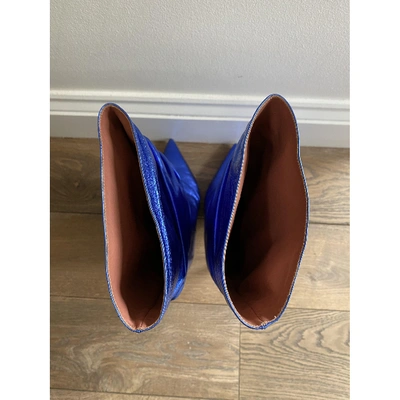 Pre-owned Amina Muaddi Ida Leather Ankle Boots In Blue