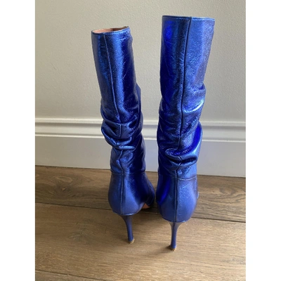 Pre-owned Amina Muaddi Ida Leather Ankle Boots In Blue