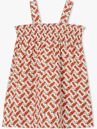 Shop Burberry Smocked Monogram Print Dress In White