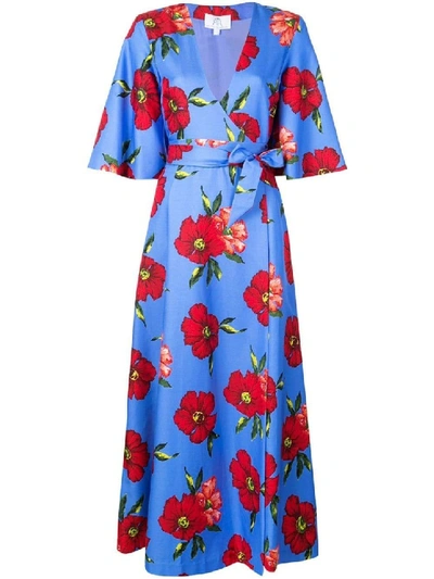Shop Rebecca De Ravenel Floral Print Wrap Dress In Blue