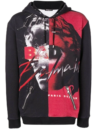 Shop Balmain Printed Hoodie In Black