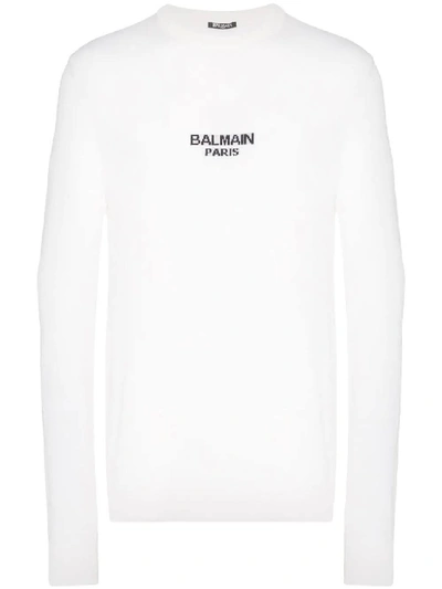 Shop Balmain Wool Logo Sweater In White