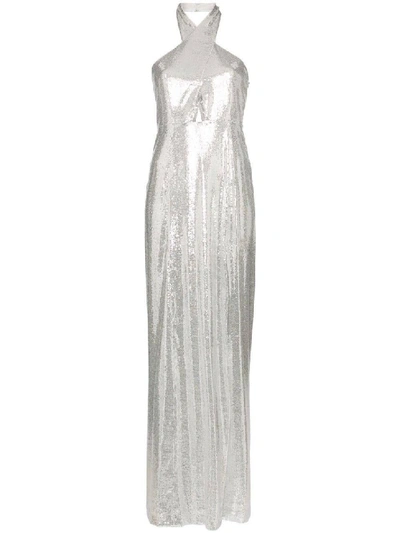 Shop Galvan Silver Sequin Halter Maxi Dress In White