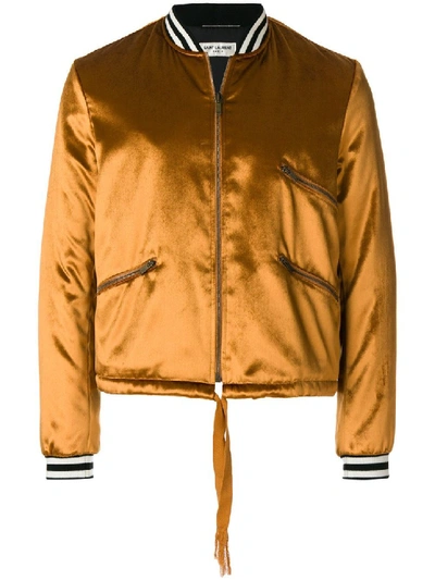Shop Saint Laurent Satin Bomber Jacket In Orange
