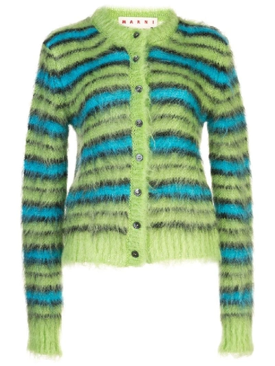 Shop Marni Green And Blue Fuzzy Striped Cardigan