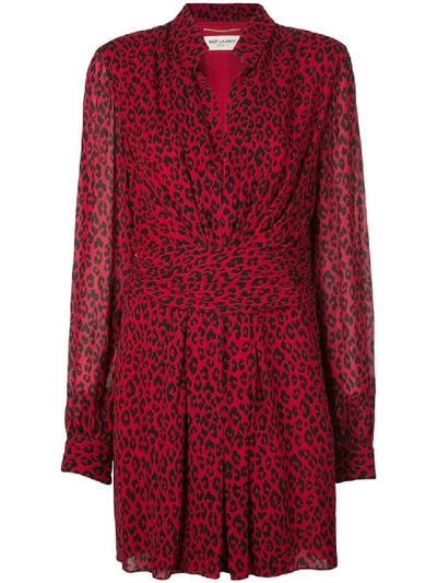 Shop Saint Laurent Red Leopard Draped Short Dress In Black