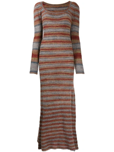 Shop Jacquemus Long Sleeve Knitted Striped Maxi Dress In Brown