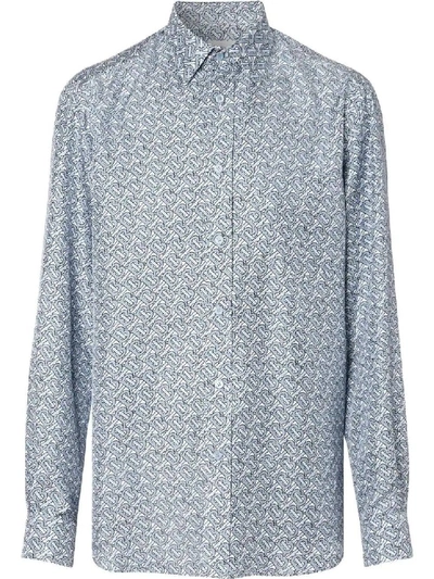 Shop Burberry Blue Monogram Print Silk Twill Shirt In Grey
