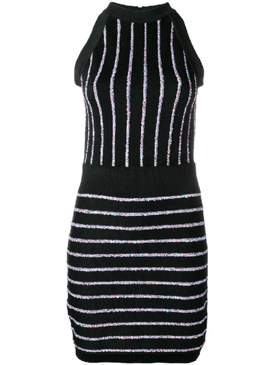 Shop Balmain Contrasting Embroidered Stripes Dress In Black