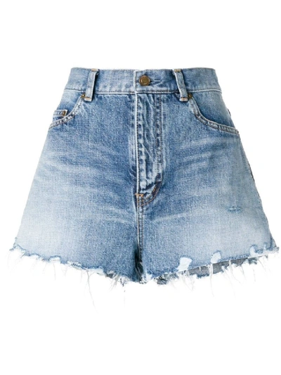 Shop Saint Laurent Frayed Shorts In Blue