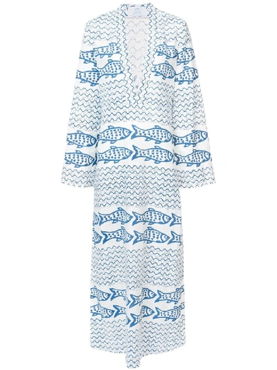 Shop Rebecca De Ravenel Fish Print Maxi Dress In White