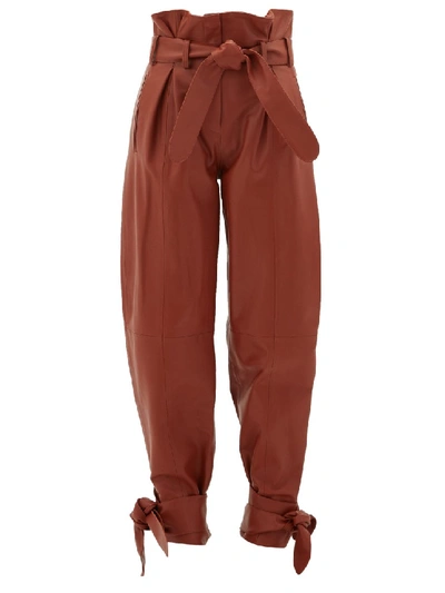Shop Attico Pleated High-rise Paperbag-waist Leather Trousers In Brown