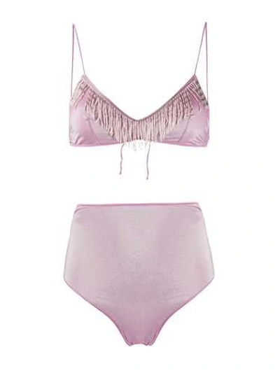 Shop Oseree Fuchsia Bikini With Fringes In Pink