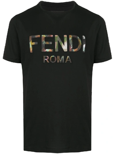 Shop Fendi Mixed Print Embroidered Logo T-shirt In Black