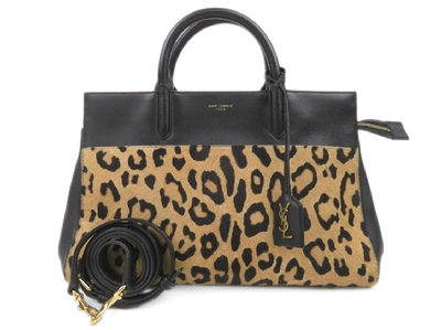 Pre-owned Ysl Small Leopard Print Cabas Rive Gauche Satchel In Brown