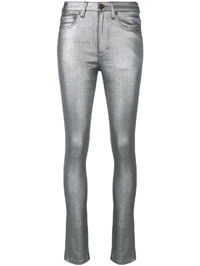 Shop Saint Laurent Metallic Skinny Jeans In Silver