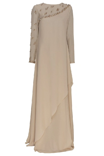 Shop Amal Al Raisi Asymmetric Embroidered Kaftan In Brown