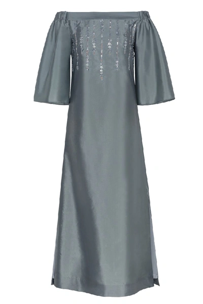 Shop Amal Al Raisi Embroidered Off Shoulder Dress In Blue