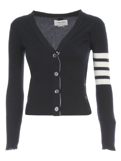 Shop Thom Browne Classic V Neck Cardigan Cashmere W/white 4 Bar Sleeve Stripe In Black