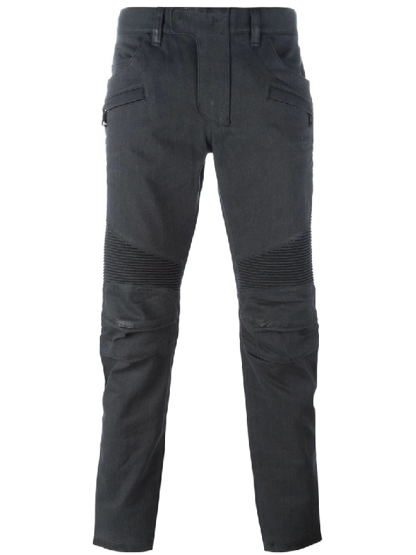 balmain waxed biker jeans