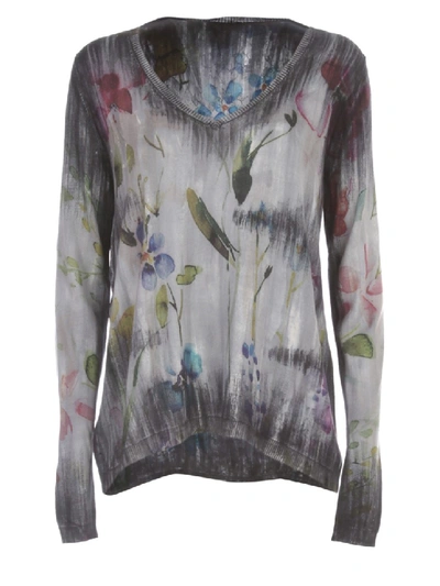 Shop Avant Toi Flower Print W/brushes V Neck Pullover In Grey