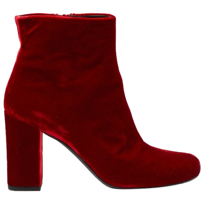 Pre-owned Saint Laurent Lou Red Velvet Ankle Boots