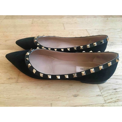 Pre-owned Valentino Garavani Rockstud Black Suede Ballet Flats