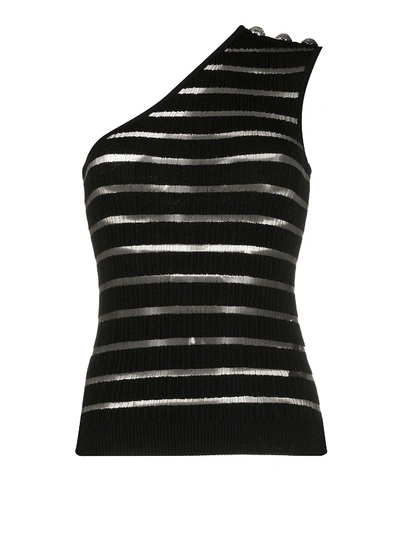 Shop Balmain Knitted Stripe Sheer Asymmetric Top In Black