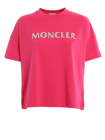 Shop Moncler Metallic Logo Jersey Oversized T-shirt In Fuchsia