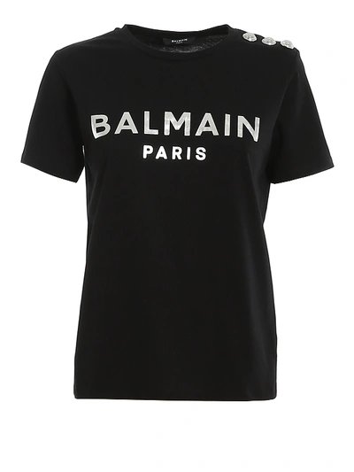 Shop Balmain Logo T-shirt With Silver Buttons In Black