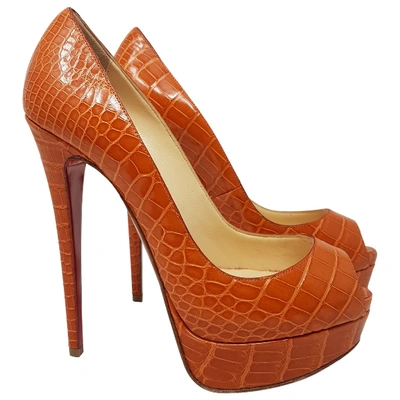 Pre-owned Christian Louboutin Lady Peep Orange Crocodile Heels