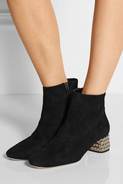 Shop Miu Miu Crystal-embellished Suede Ankle Boots In Black