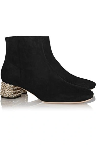 Shop Miu Miu Crystal-embellished Suede Ankle Boots In Black