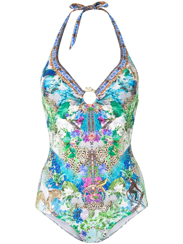 Camilla Moon Garden Print Halter Neck Swimsuit In Multicolour | ModeSens