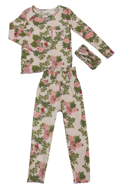 Shop Everly By Baby Grey Charlie Fitted Two-piece Pajamas & Head Wrap Set In Beige Floral