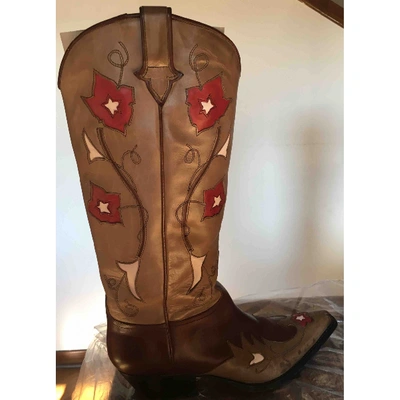 Pre-owned Sartore Leather Cowboy Boots In Beige